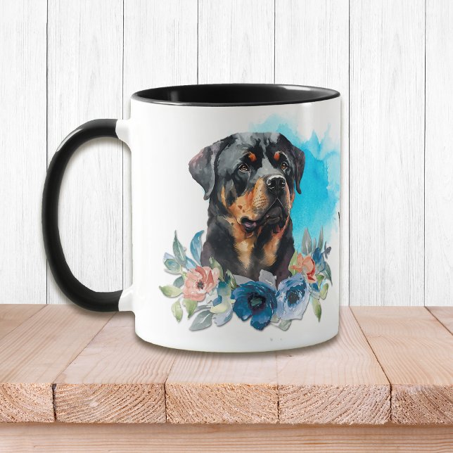 Caneca Buquê Floral Azul Nobre Rottweiler (Criador carregado)