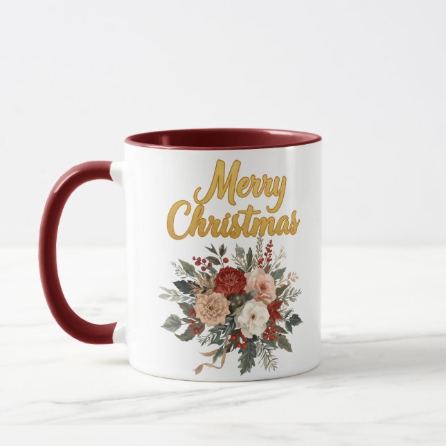 Caneca Buquê Floral Dourado Feliz Natal (Esquerda)