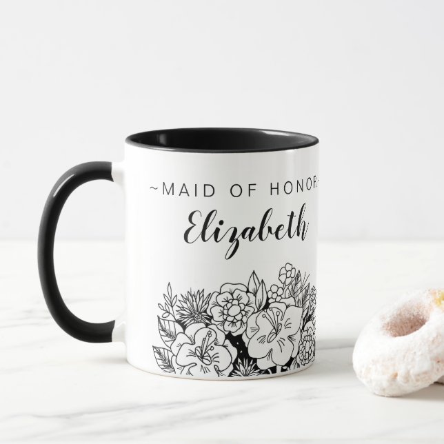 Caneca Buquê preto e branco da MADRINHA DE CASAMENTO com (Com Donut)