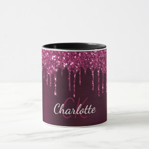 Caneca Burgundy glitter goteja as iniciais do monograma