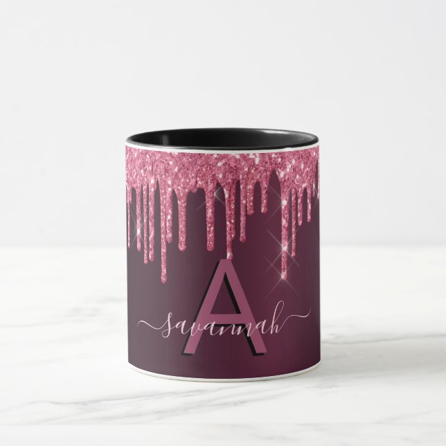 Caneca Burgundy glitter goteja script monograma (Centro)