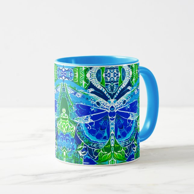 Caneca Butterfly e Medallion Batik Padrões em Azul (Frente Esquerda)