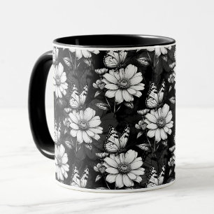 Caneca Butterfly On Flower Patterne Design - Preto