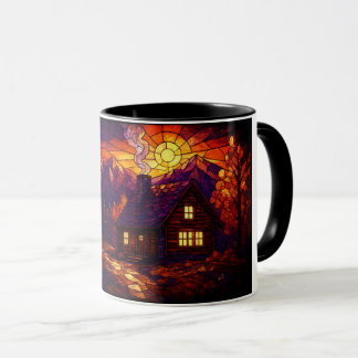 Caneca Cabana na Floresta Vibrante de Outono em Arte de V