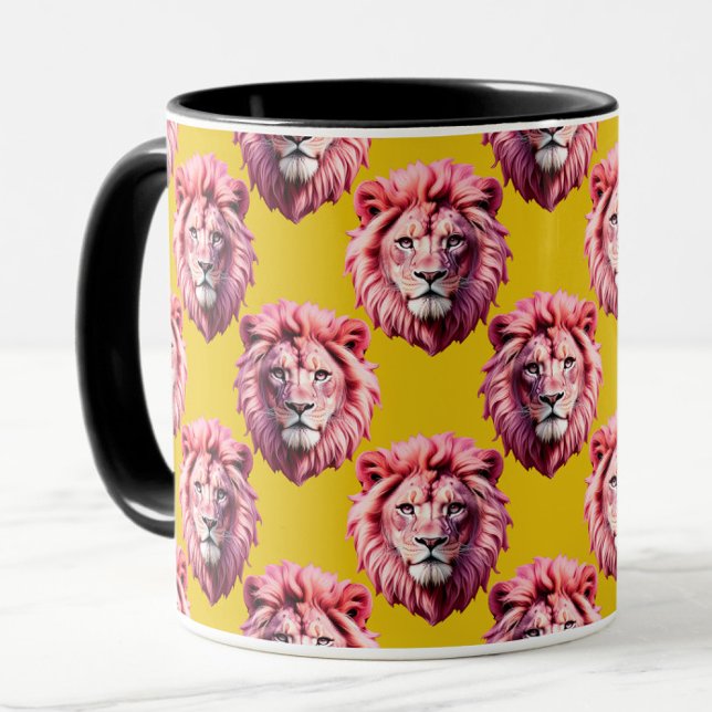 Caneca Cabeça de Leão Rosa Padrão de Animal Design Amarel (Criador carregado)