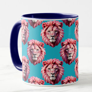 Caneca Cabeça de Leão Rosa Padrão de Design Azul