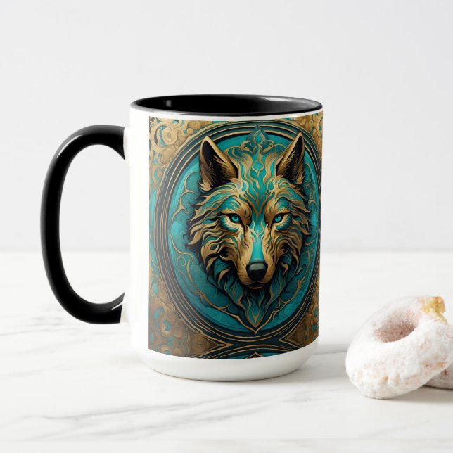 Caneca Cabeça de Lobo Dourada e Turquesa (Com Donut)