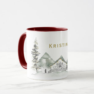 Caneca Cabina de Feriado e Árvore de Pinos com Nome