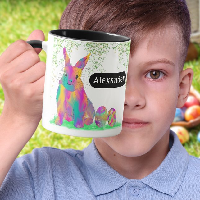 Caneca Caça ao Ovo Personalizada da Lebre da Páscoa Fofa (Personalized name cute colorful Easter bunny Egg Hunt Spring Brunch Garden party Mug)