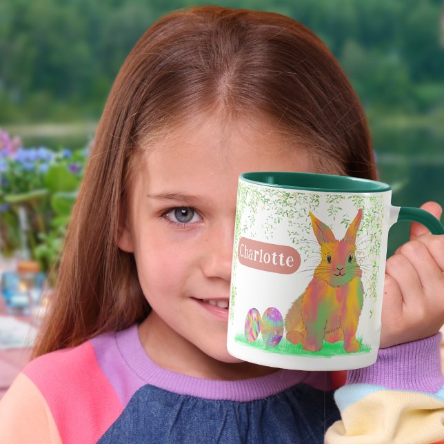 Caneca Caça aos Ovos de Páscoa Personalizada Brunch Coelh (Personalized kids name Easter egg hunt brunch cute bunny keepsake mug favor)