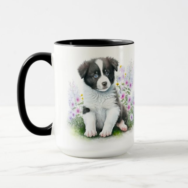 CANECA CACHORA DE COLLIE BRANCA NEGRA ADORÁVEL (Esquerda)
