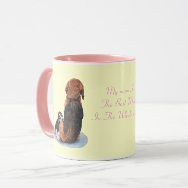Caneca cachorrinho giro abraçando cão-mãe com slogan (Frente Esquerda)