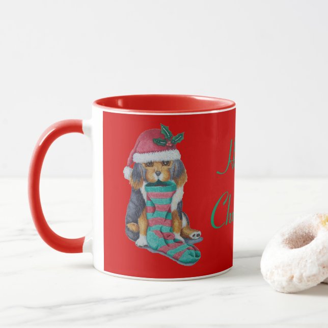 Caneca cachorrinho preto e marrom bonitinho vestido de na (Com Donut)