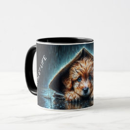Caneca Cachorro bonito no dia da chuva com a arte azul