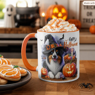 Caneca Cachorro Border Collie Bruxa de Halloween