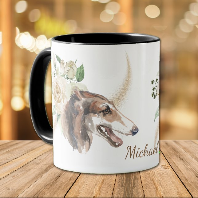 Caneca Cachorro Borzoi, Buquê de Rosa branca (Criador carregado)