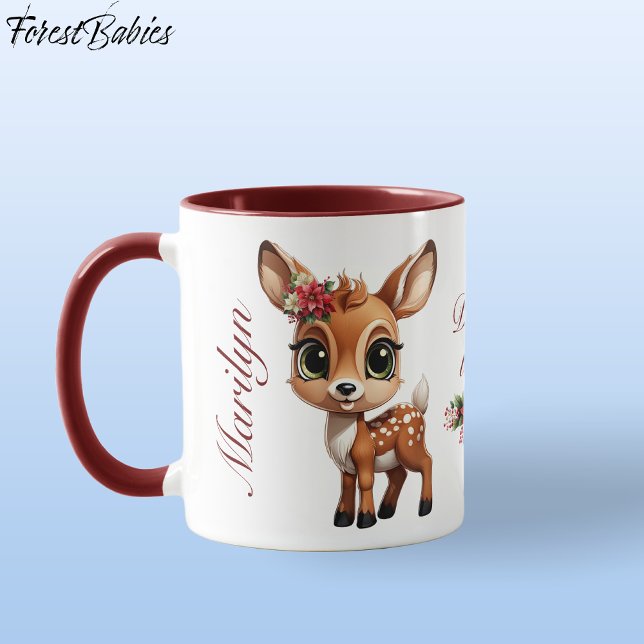 Caneca Cachorro, Fawn, Doe 🦌 🎄 Adorado (Cute Baby Deer, Floral Fawn, Doe Lover 🦌 Poinsettia Flowers Maroon Deer-ly Loved ForestBabies  Mug)