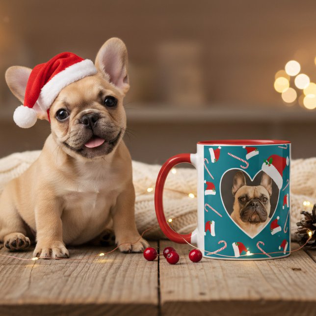 Caneca Cachorro Foto de Natal Santa Hat Teal Coffee Mug (A fun and festive coffee mug with space for your pup's and name (or yours) Happy Howlidays!)