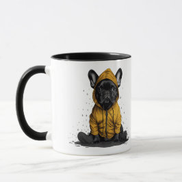 Caneca Cachorro francês bonito Vestindo capa-de-chuva