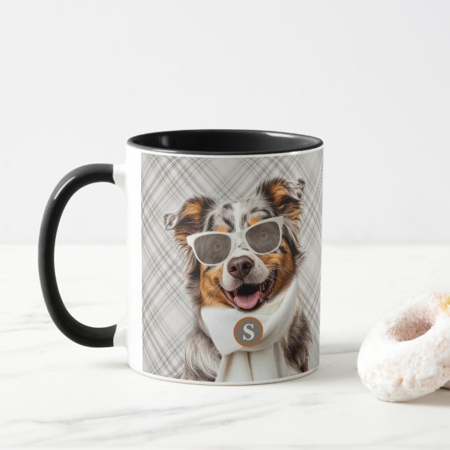 Caneca Cachorro Stylish Australian Shepherd e Monograma X (Com Donut)