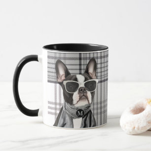 Caneca Cachorro Stylish Boston Terrier e Monograma Xadrez