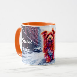 Caneca Cachorro vermelho descendo a rua de inverno de nev