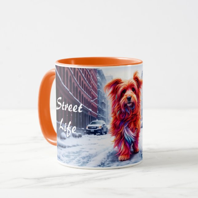 Caneca Cachorro vermelho descendo a rua de inverno de nev (Frente Esquerda)
