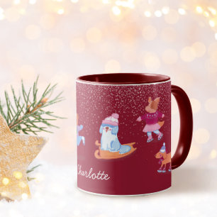 Caneca Cachorros Vermelhos de Patinação no Gelo de Invern