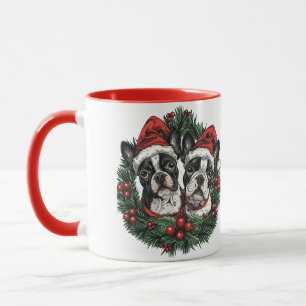 Caneca Cães Boston Terrier de Natal Grinalda de Férias