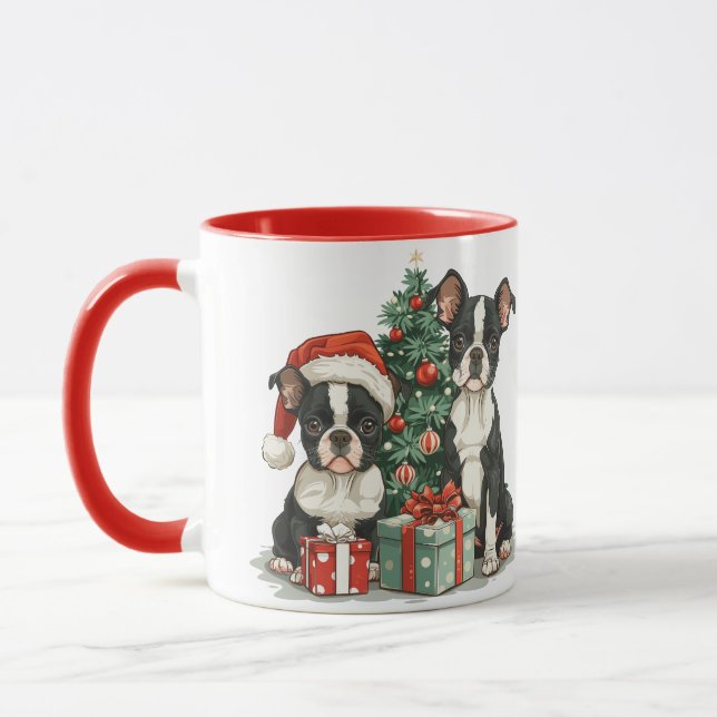 Caneca Cães de Natal em Boston Terrier (Esquerda)