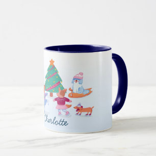 Caneca Cães Festivos Ice Patinação Bebê Azul Natal
