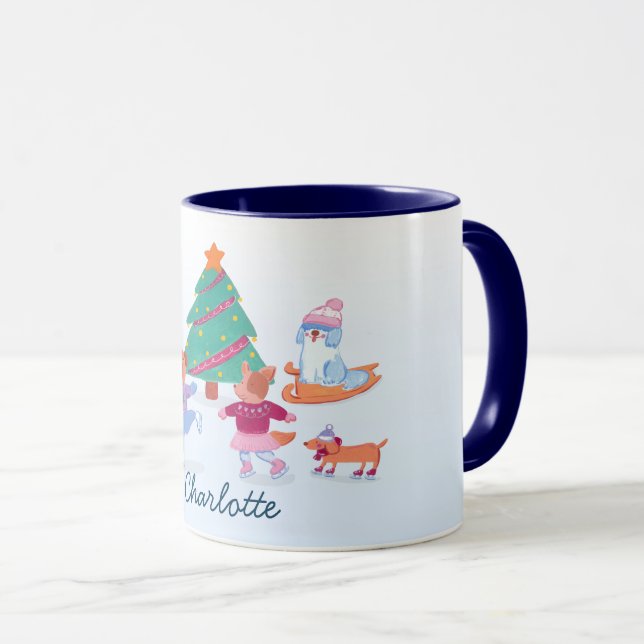 Caneca Cães Festivos Ice Patinação Bebê Azul Natal (Frente Esquerda)