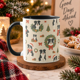 Caneca Cães Fofos Borda Collie Natal Padrão Feriado