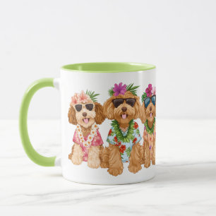 Caneca Cães Goldendoodle havaianos com Lei de Flores