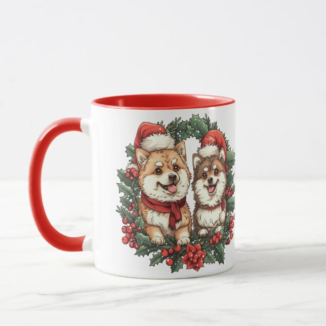 Caneca Cães Pomeranianos Mistletoe Wreath (Esquerda)