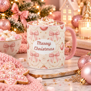 Caneca Café Armação Alegre Natal Rosa Pérolas e Laços