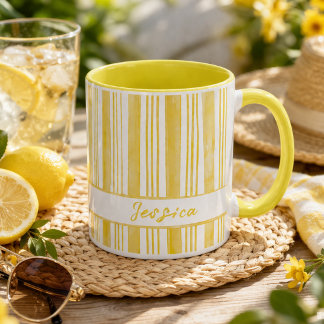 Caneca Café com Nome Personalizado Listras Amarelas Fofo