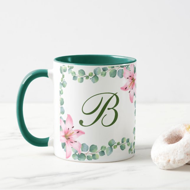 Caneca Café com Padrão de Flor Monograma Lily (Com Donut)