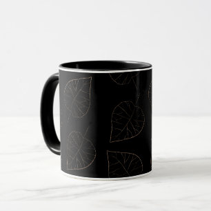 Caneca Café com padrão de folha preta e dourada