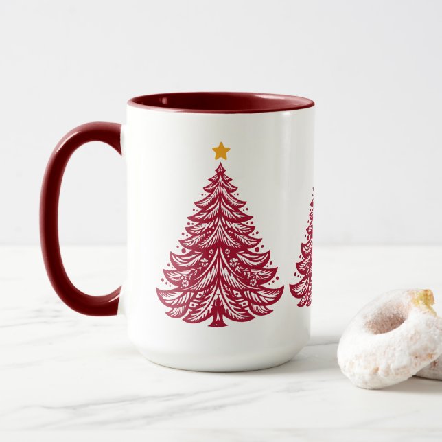 Caneca Café de Árvore Vermelha de Natal - Folha Escandina (Com Donut)