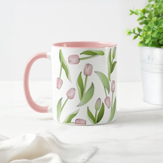 Caneca Café de Flor de Tulipa Rosa Botânica Moderna (Criador carregado)