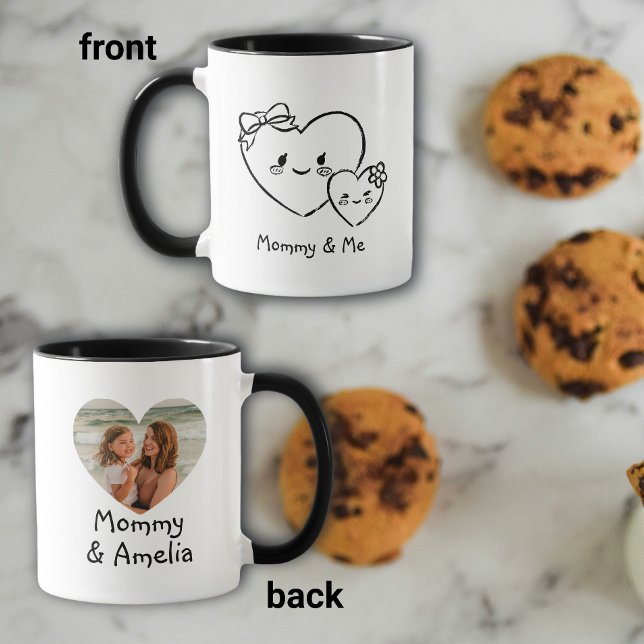 Caneca Café de Foto Corações Desenhados à Mão Mamãe e Eu (Criador carregado)
