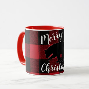 Caneca Café de Natal - Urso Negro Xadrez Vermelho