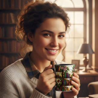 Caneca Café de prateleira de livros florais de vitral ama