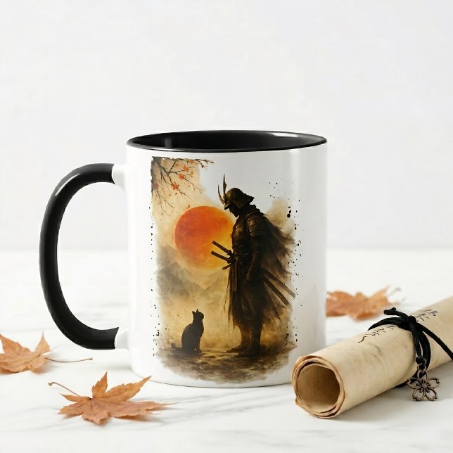Caneca Café Guerreiro Samurai Japonês & Gato Preto (Criador carregado)
