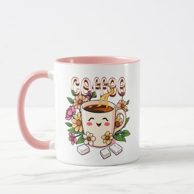 Caneca Café Kawaii e Flores (Esquerda)