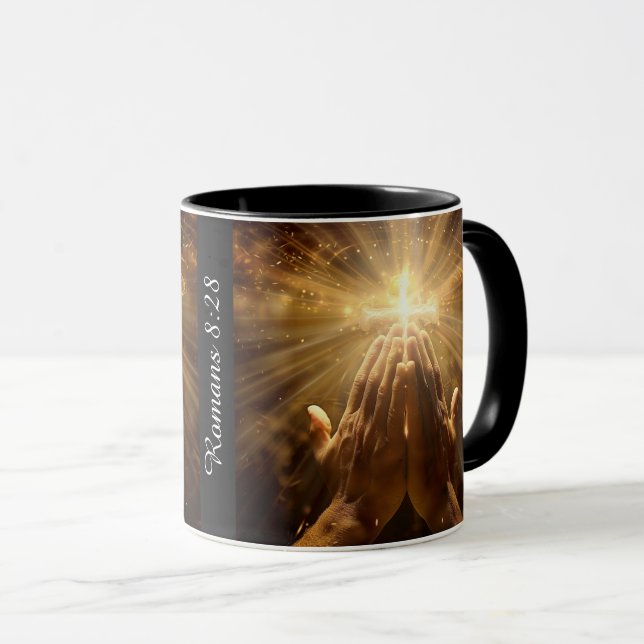 Caneca Café Mug, Cristão "Romanos 8:28" (Frente Esquerda)