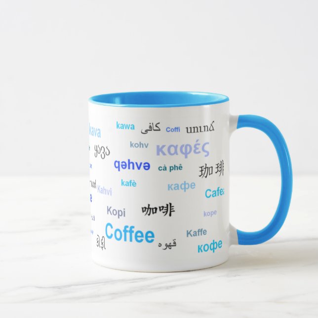 Caneca Café nas línguas diferentes (azuis) (Direita)