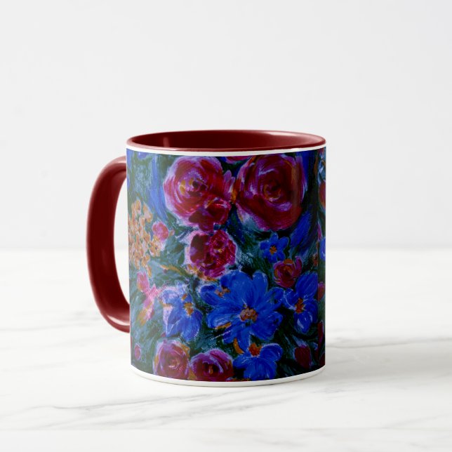 Caneca Café ou chá vermelho, azul e marrom (Frente Esquerda)