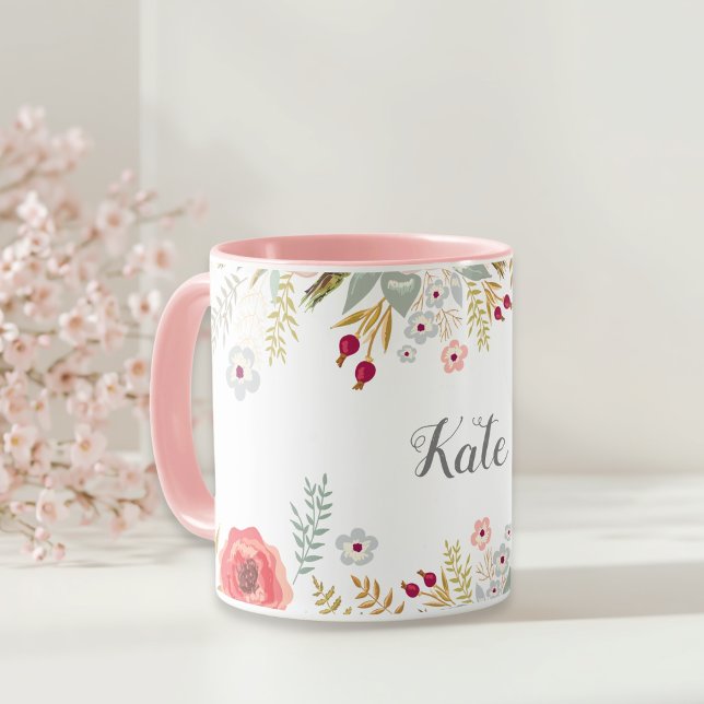 Caneca Café Personalizado com Nome de Duas Cores e Floral (Criador carregado)